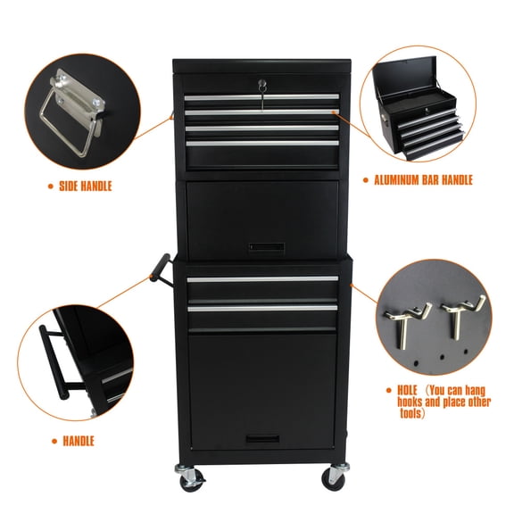 Gearwell Tool Chest Cabinet, 6-Drawer Lockable Rolling Tool Box Organizer with 4 Universal Wheels, 2 in 1 Detachable Black Tool Storage Cabinet for Garage Workshop Repair Shop