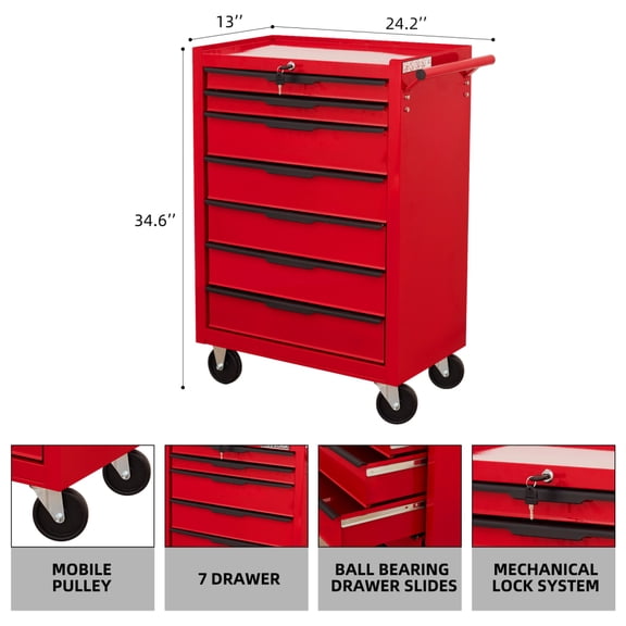 Gearwell Tool Chest Cabinet, 7-Drawer Rolling Metal Tool Box and Tool Storage Organizer with Wheels, Cylinder Lock, Red Roll Around Cart for Garage Warehouse Workshop