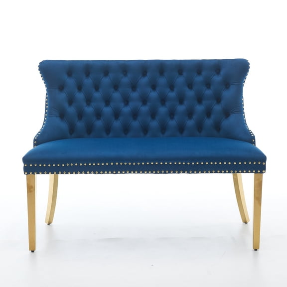 Gearwell Tufted Dining Bench, Blue Velvet 2-Seat Loveseat Bench with Wing Back, Handmade Button Tufting and Gold-Plated Steel Legs for Kitchen or Dining Room