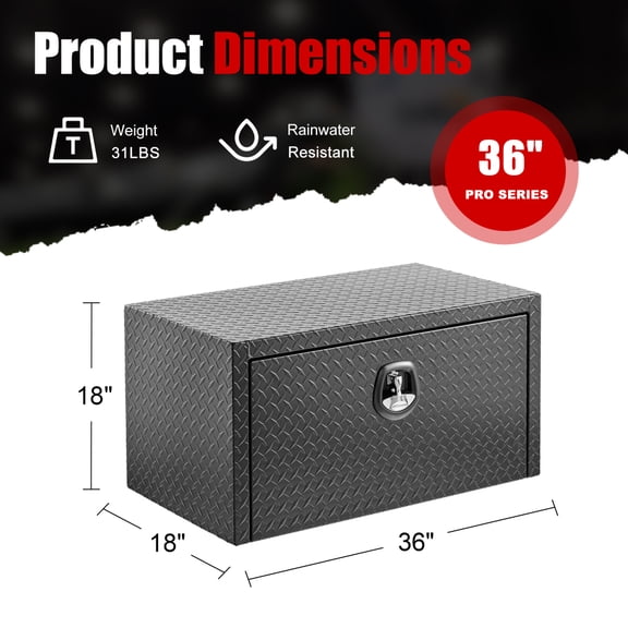 Gearwell Underbody Tool Box, 36 in Aluminum Underbed Toolbox Trailer Box with Lock and Keys, Waterproof Diamond Tread Plate Chest, Matte Black Truck Storage Organizer