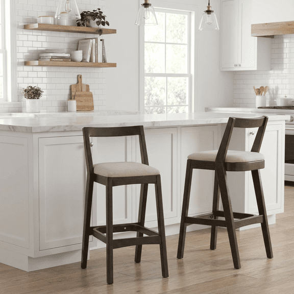Gearwell Upholstered Bar Stools, Set of 2 Natural Rubberwood Counter Chairs with Beige Fabric Seats for Kitchen Islands, Home Bars, Dining Rooms and Indoor Seating