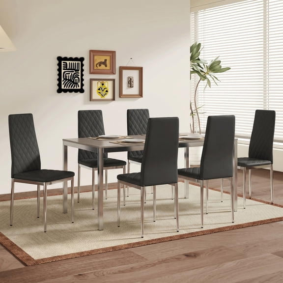 Gearwell Upholstered Dining Chairs, Set of 6 White Black Light Grey PU Leather Kitchen Side Chairs with Diamond Tufted High Back and Polished Chrome Legs for Dining Room