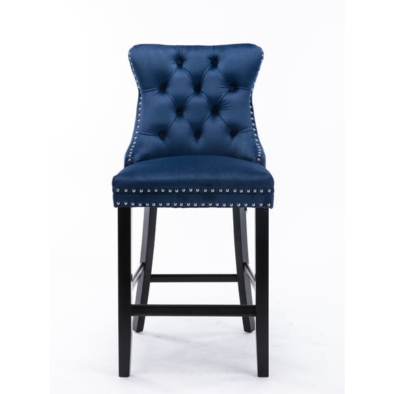 Gearwell Velvet Bar Stools, Set of 2 Gray Upholstered Counter Stools with Button-Tufted Backs, Wood Legs and Chrome Nailhead Trim for Kitchen Island and Home Bar