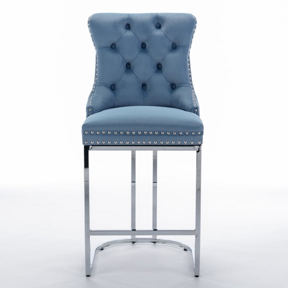Gearwell Velvet Counter Stools, Set of 2 Light Blue 26-Inch Upholstered Barstools with Button-Tufted Backs, Rivet Trim and Chrome Metal Base Legs for Kitchen Islands