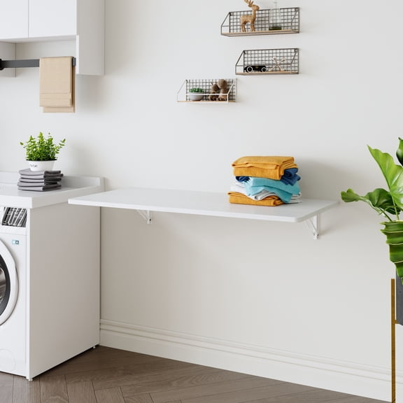 Gearwell Wall Mounted Folding Table, White Floating Wall Desk with Fold-Down Work Surface for Laundry Room, Kitchen, Bathroom, Bedroom and Small Space Home Office