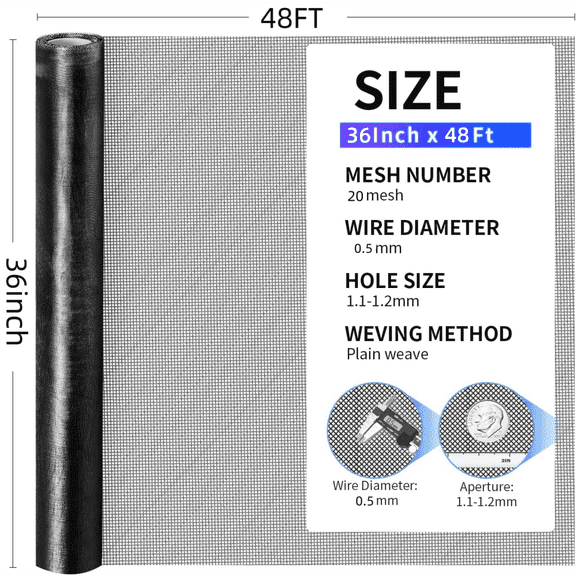 Gearwell Window Screen Roll, 36 in x 48 ft 304 Stainless Steel Screen Mesh, Black Metal Mesh Screen Replacement for Doors Patios Porches DIY Projects