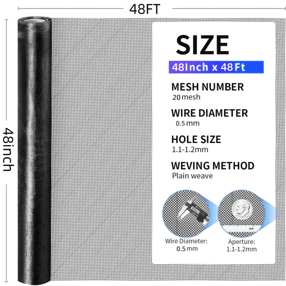 Gearwell Window Screen Roll, 48 in x 48 ft 304 Stainless Steel Screen Mesh, Black Metal Mesh Screen Replacement for Doors Patios Porches DIY Projects