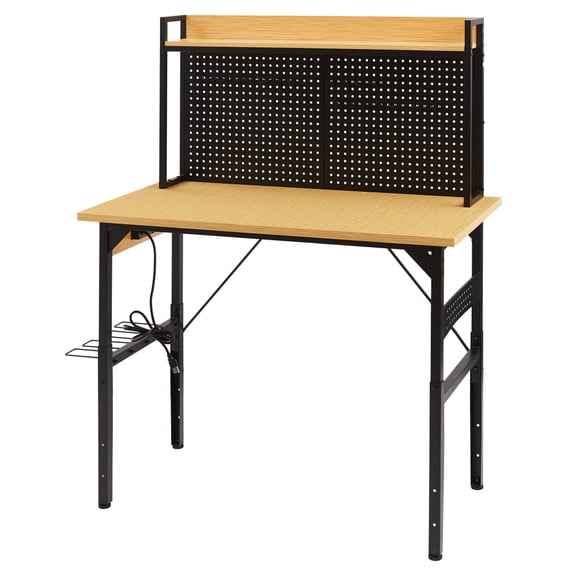 Gearwell Workbench Table Organizer, 48-Inch Adjustable Rolling Work Bench with Wooden Desktop, Pegboard, AC/USB Outlet, Hooks, Shelf, 1600 lb Capacity for Garage Workshop