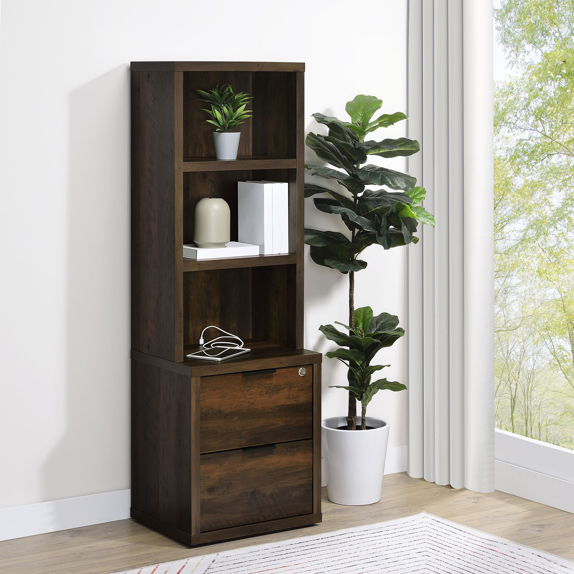 Geary Dark Pine 3-shelf Bookcase USB and Lockable Drawer - Walmart.com