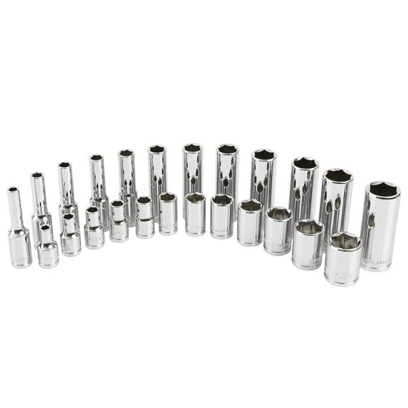 GreatNeck 1/4 Drive Deep/Shallow Socket Set with Tray, Metric, 22 Piece