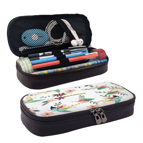 Geaub pretty floral with leaves large capacity pencil case - dual zipper, multiple pockets, durable material, versatile use for stationery, cosmetics, and more