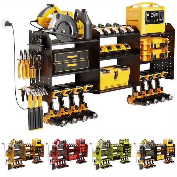 Geawokyie Wall Mount Power Tool Storage Rack with Charging Station, 3 Tier Heavy Duty Drill Holder, Max 200lb Load for Garage Workshop Shed
