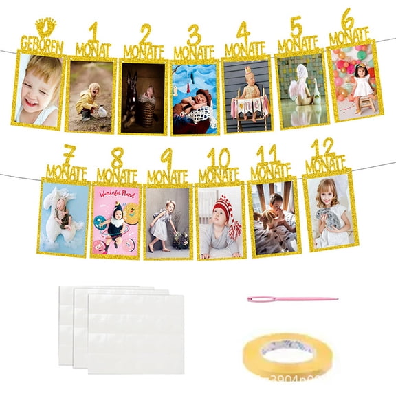 Geboren bis 12 Monate Photo Banner, Gold Glitter Deutsch Monthly Milestone Picture Garland, Baby Shower 12 Months Growth Photo Hanging Decor