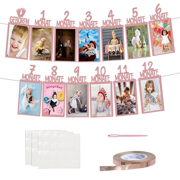 Geboren bis 12 Monate Photo Banner, Rose Gold Glitter German Baby Monthly Picture Frame Garland, 1st Birthday Milestone Photo Collage Decor