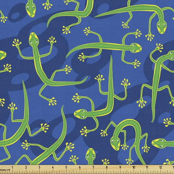 Ambesonne Gecko Fabric by the Yard Upholstery, Doodle Lizard Reptile, 2 Yards, Navy Blue and Green