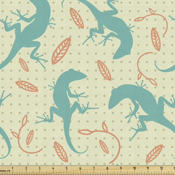 Gecko Fabric by the Yard, Ornamental Silhouettes of Reptiles with Leaves on Polka Dots Background, Upholstery Fabric for Dining Chairs Home Decor Accents, 1 Yard, Teal Cream and Orange by Ambesonne