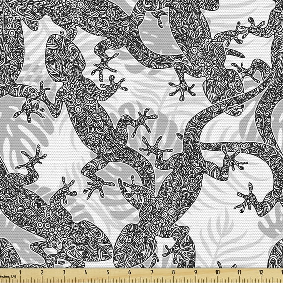 Gecko Fabric by the Yard, Ornate Boho Motifs on Lizards with Tropical Palm Leaves Background, Decorative Upholstery Fabric for Chairs & Home Accents, 3 Yards, Pale Grey White by Ambesonne