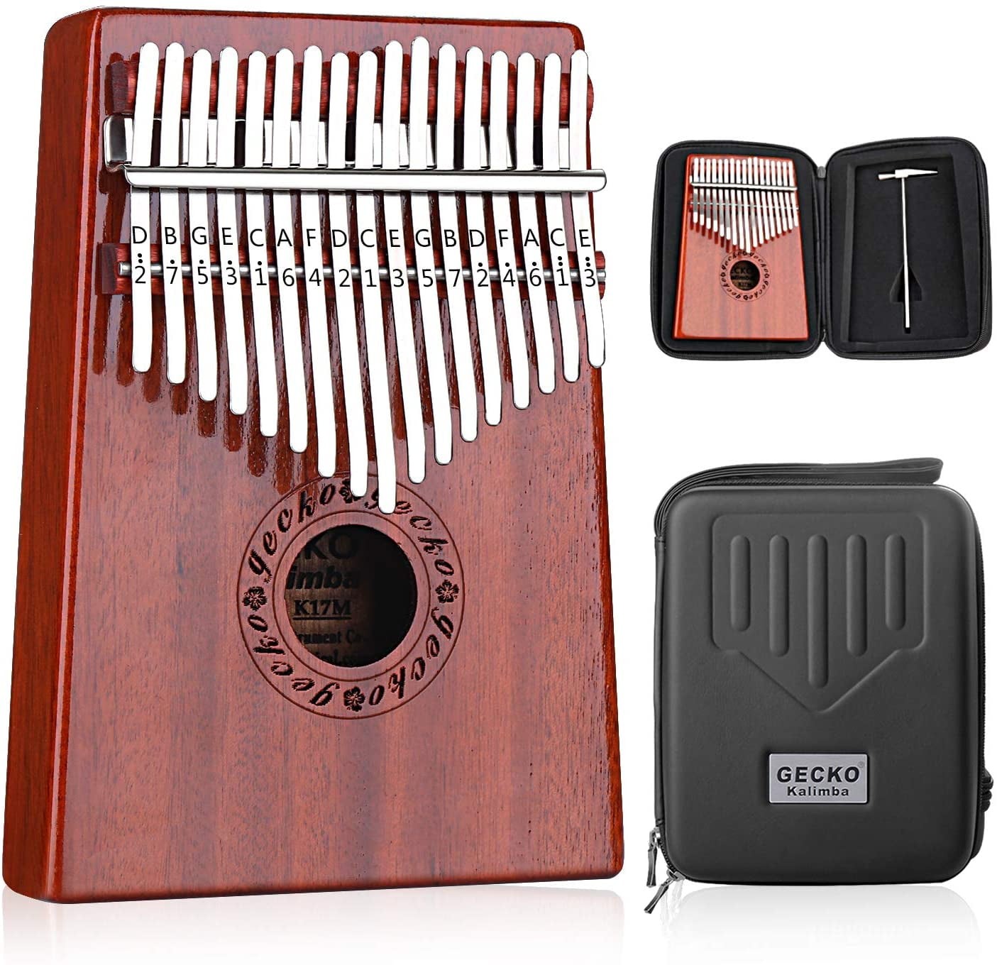 Gecko Kalimba 17 Keys Thumb Piano, Mahogany, with Waterproof Box, Tune Hammer, Study Guide, Brown