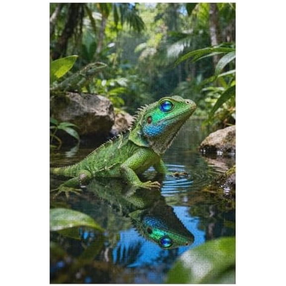 Gecko by The Lake 500 Piece Jigsaw Puzzle for Adults, Green Forest Background Artwork, DIY Craft, Challenging Family Activity, Relaxing Brain Puzzle, Home Wall Decoration Gift