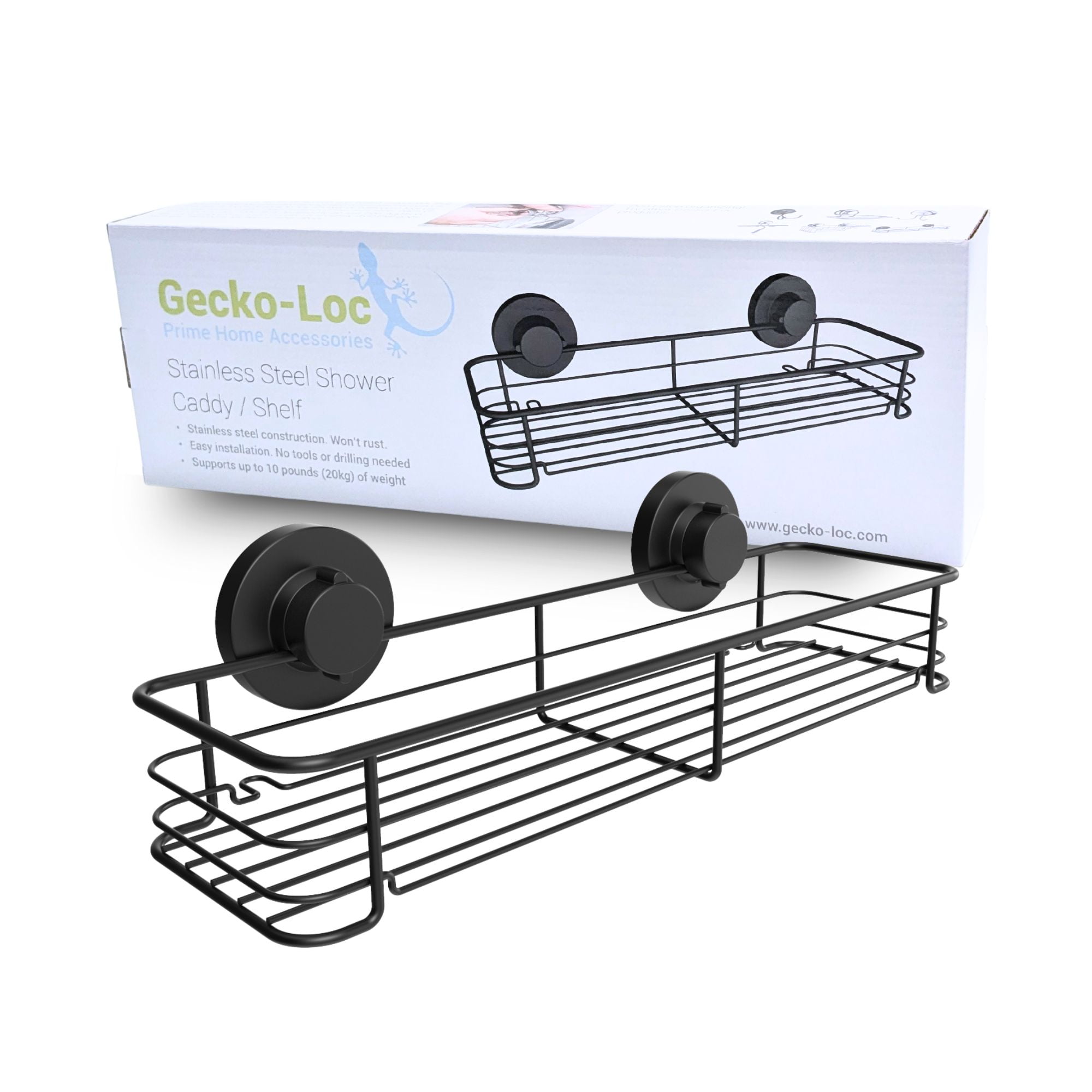 Gecko-Loc Matte Black Stainless Steel Shower Caddy with Suction Mount