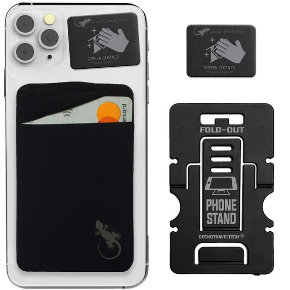 Gecko Phone Wallet Stick on Wallet for Phone Case for Cards on Phone Case Money - Gifts for Women Gifts for Mom Accessory- Phone Stand & Screen Cleaner Included - Gecko Covered Pocket - Black Gray
