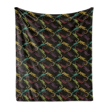 Gecko Soft Flannel Fleece Throw Blanket, Abstract Reptiles Composition of Lizards with Motifs on Brown Toned Background, Cozy Plush for Indoor and Outdoor Use, 50" x 60", Multicolor, by Ambesonne