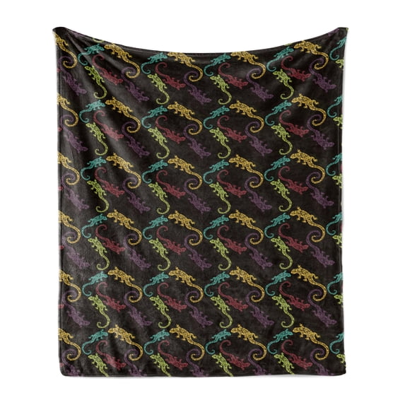 Gecko Soft Flannel Fleece Throw Blanket, Abstract Reptiles Composition of Lizards with Motifs on Brown Toned Background, Cozy Plush for Indoor and Outdoor Use, 50" x 60", Multicolor, by Ambesonne