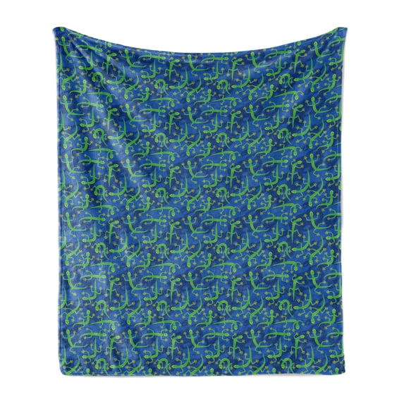 Gecko Soft Flannel Fleece Throw Blanket, Doodle Style Lizard Pattern with Blue Shaded Background Reptile Cartoon, Cozy Plush for Indoor and Outdoor Use, 60" x 80", Navy Blue and Green, by Ambesonne