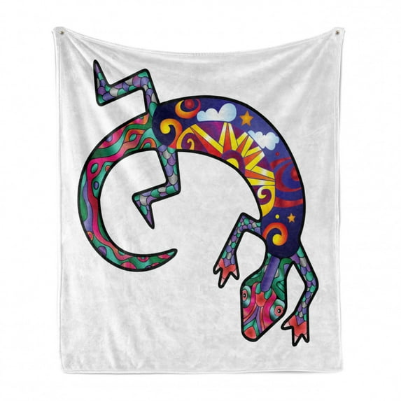 Gecko Soft Flannel Fleece Throw Blanket, Lizard with Bohemian Motifs Stars Clouds and Sun Illustration, Cozy Plush for Indoor and Outdoor Use, 50" x 60", Multicolor, by Ambesonne