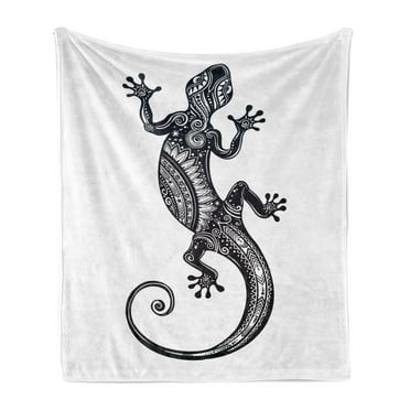 Gecko Soft Flannel Fleece Throw Blanket, Lizard with Motifs Flowers and Ombre Effect Backdrop, Cozy Plush for Indoor and Outdoor Use, 70" x 90", Pale Grey White, by Ambesonne