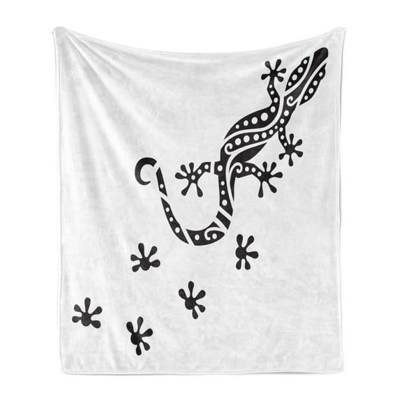 Gecko Soft Flannel Fleece Throw Blanket, Monochrome Composition of a Lizard with Footprints Simplistic Exotic Wildlife, Cozy Plush for Indoor and Outdoor Use, 60" x 80", Black and White, by Ambesonne