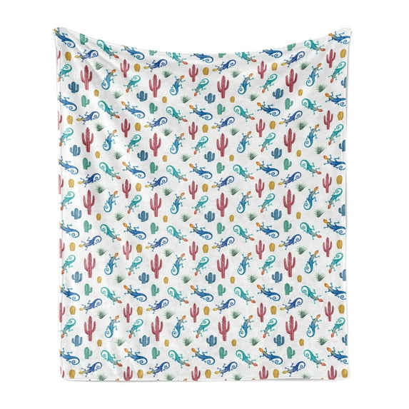 Gecko Soft Flannel Fleece Throw Blanket, Watercolor Effect Lizards Cactuses Succulent Plants and Reptiles Pattern Colorful, Cozy Plush for Indoor and Outdoor Use, 70" x 90", Multicolor, by Ambesonne
