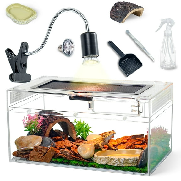 Gecko Tank & Reptile Terrarium Kit with Heat Lamp, Spray Bottle, Tools & Hideout - Perfect Habitat for Lizards, Snakes, Turtles, Hermit Crabs, Frogs, Jumping Spiders 12.5x6x7 Inch