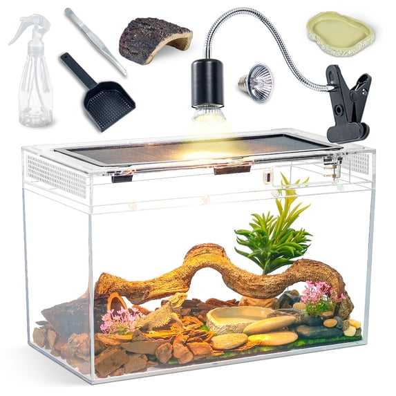 Gecko Tank & Reptile Terrarium Kit with Heat Lamp, Spray Bottle, Tools & Hideout - Perfect Habitat for Lizards, Snakes, Turtles, Hermit Crabs, Frogs, Jumping Spiders 16x10x8 Inch