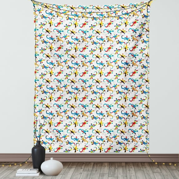Gecko Tapestry, Cartoon Style Lizards with Spiral Tails and Tongues Colorful Dots Pattern House Pet, Wall Hanging for Bedroom Living Room Dorm Decor, 40W X 60L Inches, Multicolor, by Ambesonne
