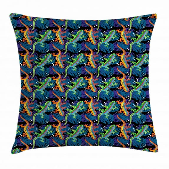 Gecko Throw Pillow Cushion Cover, Exotic Colorful Lizards on Monstera Leaves Background Tropical Flora Fauna Pattern, Decorative Square Accent Pillow Case, 24 X 24 Inches, Multicolor, by Ambesonne