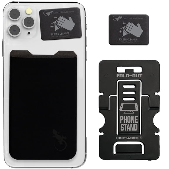 Gecko Travel Tech phone wallet - Stick On Card Holder Wallet for Cell Phones - Adhesive Card Pocket for Credit Cards and Money - Sticker for Cases - Phone Stand - RFID protection sleeve - (Black Logo)