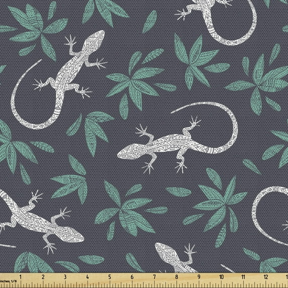 Ambesonne Gecko Fabric by the Yard Upholstery, Reptiles with Boho Motifs, 2 Yards, Dark Blue Grey White
