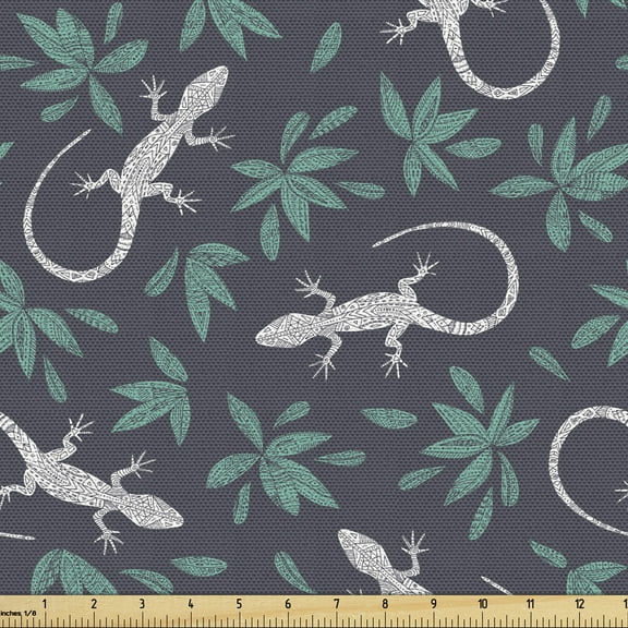 Ambesonne Gecko Fabric by the Yard Upholstery, Reptiles with Boho Motifs, 2 Yards, Dark Blue Grey White