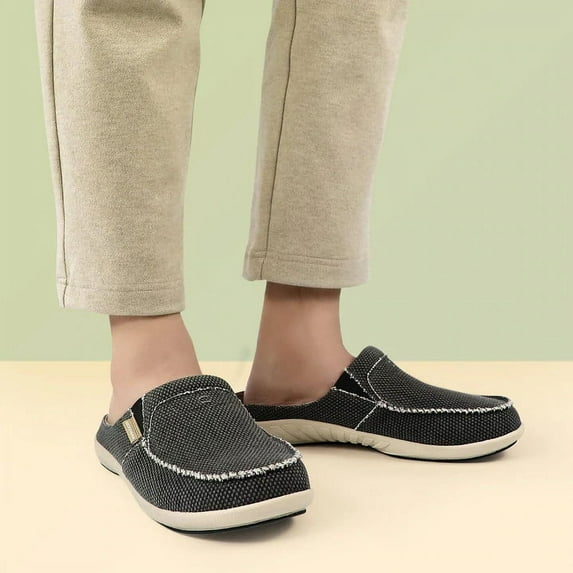 GeckoMan Men's Arch Support Slipper Loafers Plantar Faciitis Canvas House Slipper for Men Indoor Outdoor, Slip On Clog Slides Shoes with Anti-Skid Rubber Sole