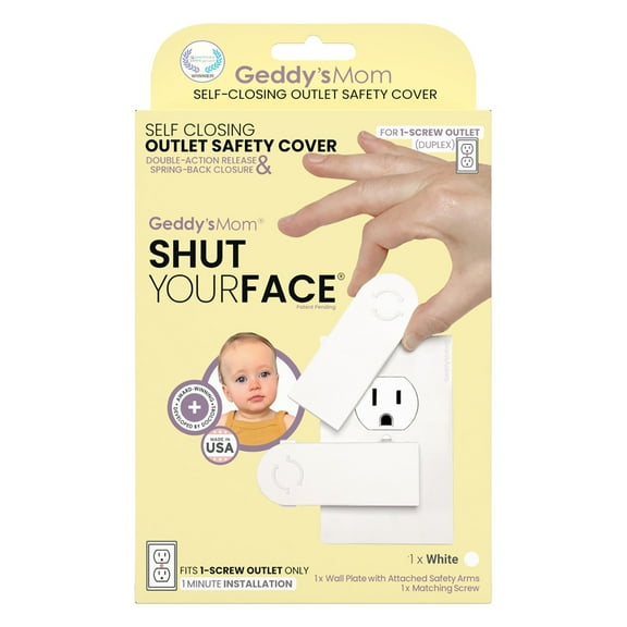 Geddy's Mom: Shut Your Face - White - Self-Closing Outlet Safety Cover for 1-Screw Duplex Outlet, Electrical Child & Babyproofing, Wall Socket Cover