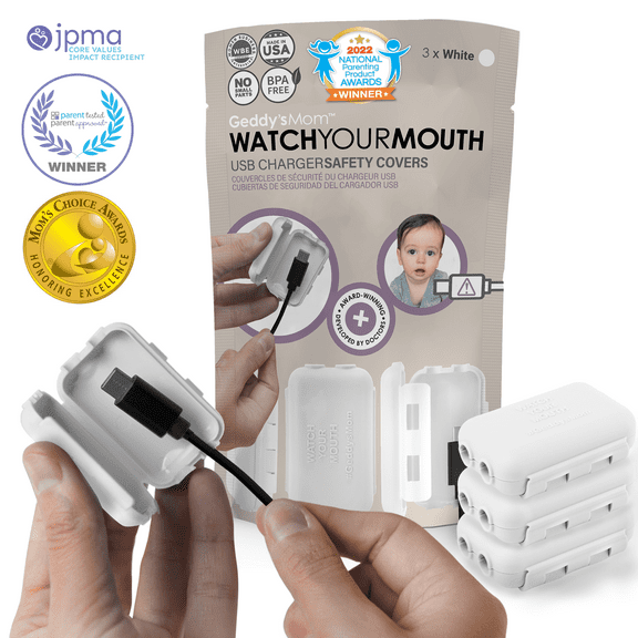 Geddy's Mom, Watch Your Mouth, USB Charger Safety Cover, Baby Proofing Power Outlet Cover (3 Pack, White)