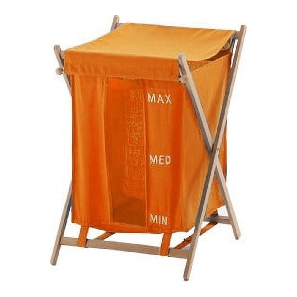 Portable Orange Fabric and Wood Square Laundry Basket