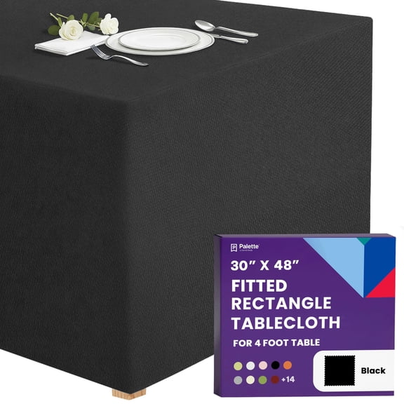 Gee Di Moda Fitted Tablecloth - 48 x 30 Inch Black Floor-Length Fitted Table Cloth for 4 Foot Rectangle Table, Heavy Duty Washable Fabric for Parties, Dinner, Weddings, Baby Shower & Trade Show