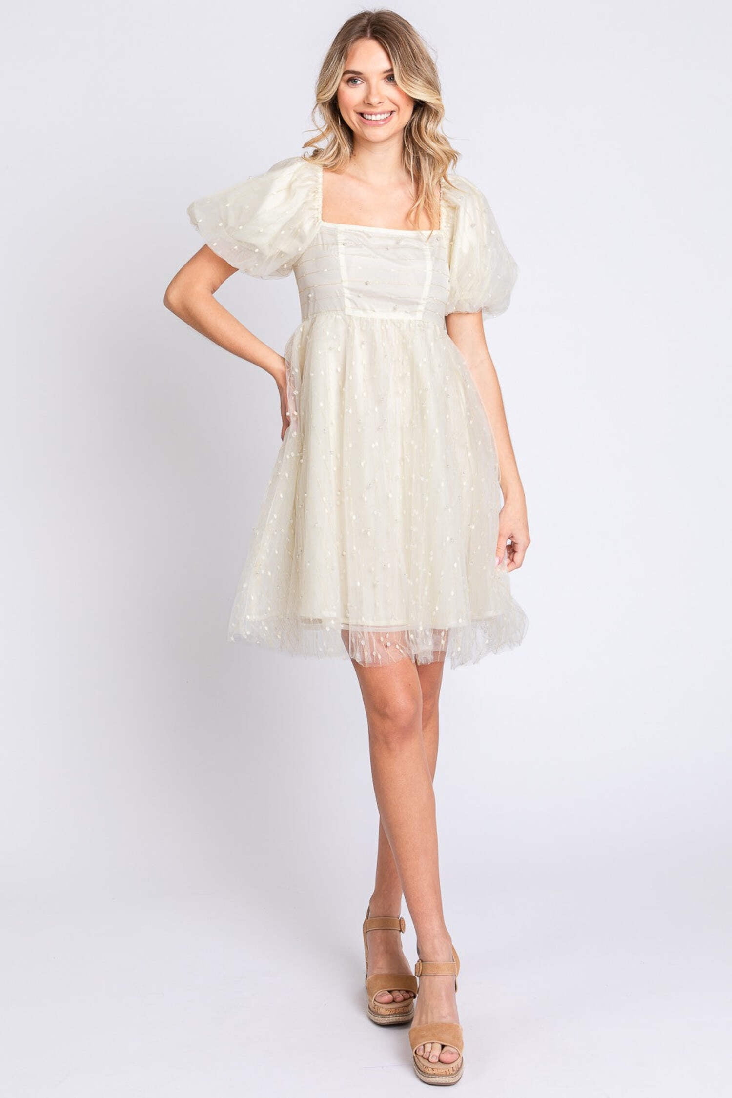 GeeGee Pearl Mesh Puff Sleeve Babydoll Dress - Walmart.com