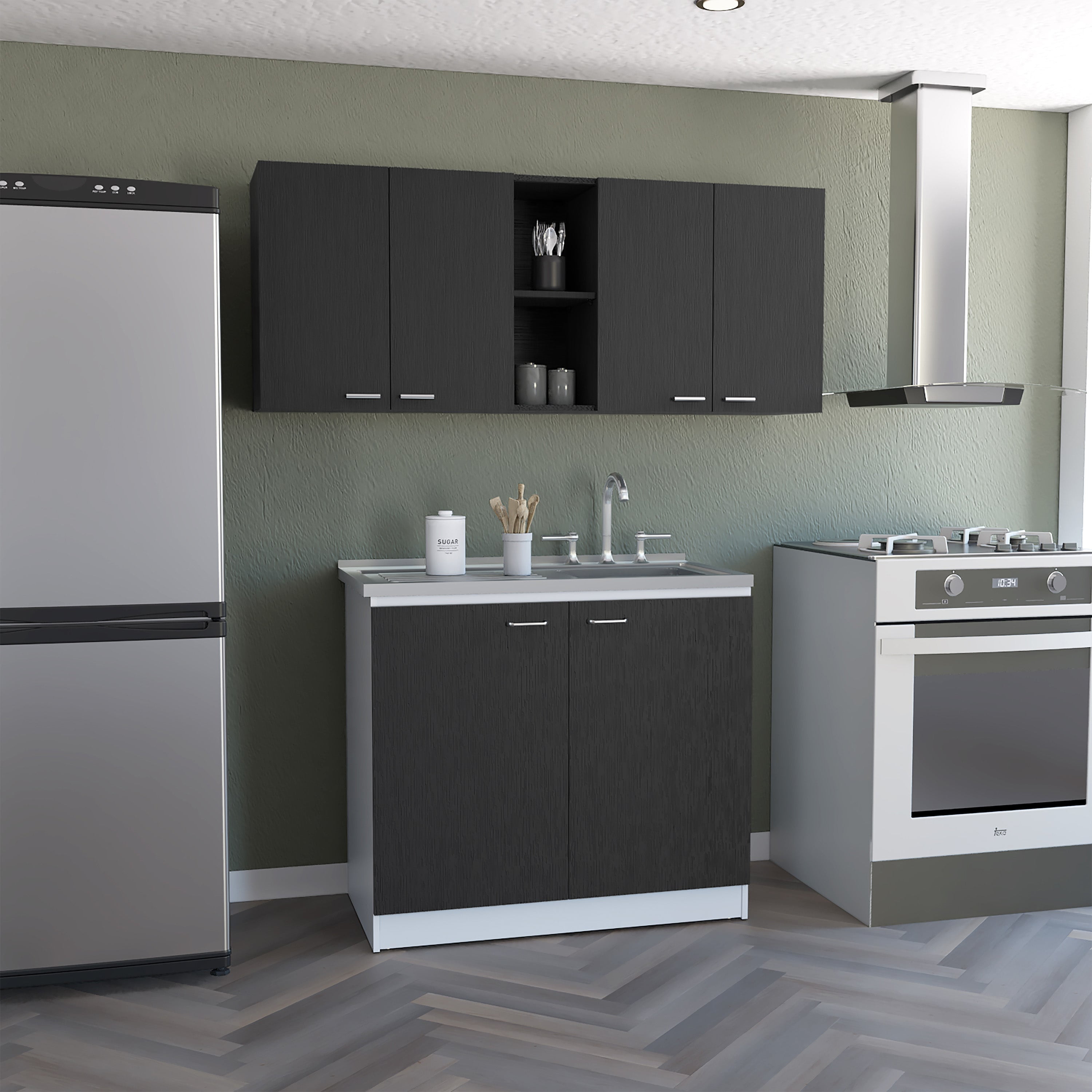 GeeHome 2 Piece Kitchen Set, 150 Wall Cabinet + Utility Sink With Cabinet, Black / White