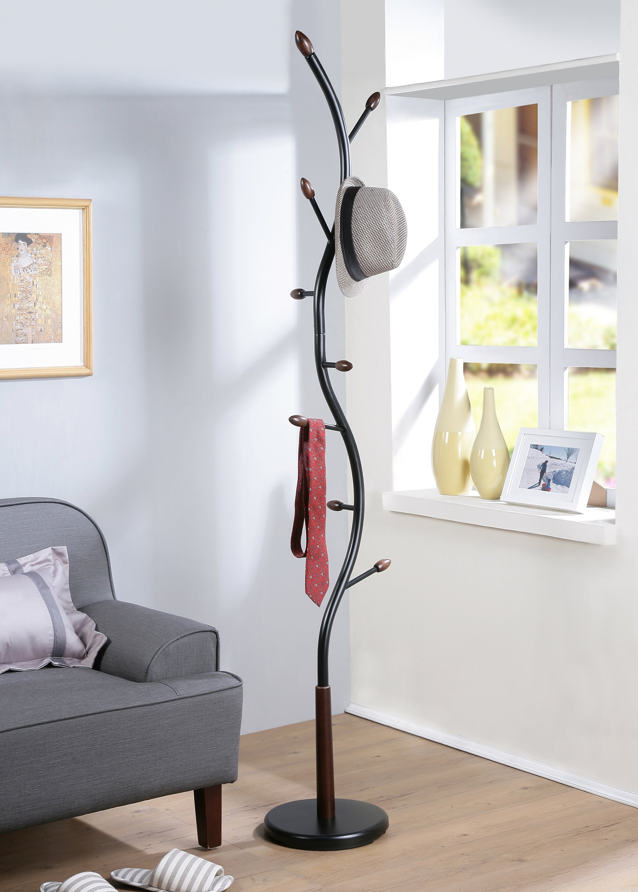 Arles Modern Black and Walnut Standing Coat Rack