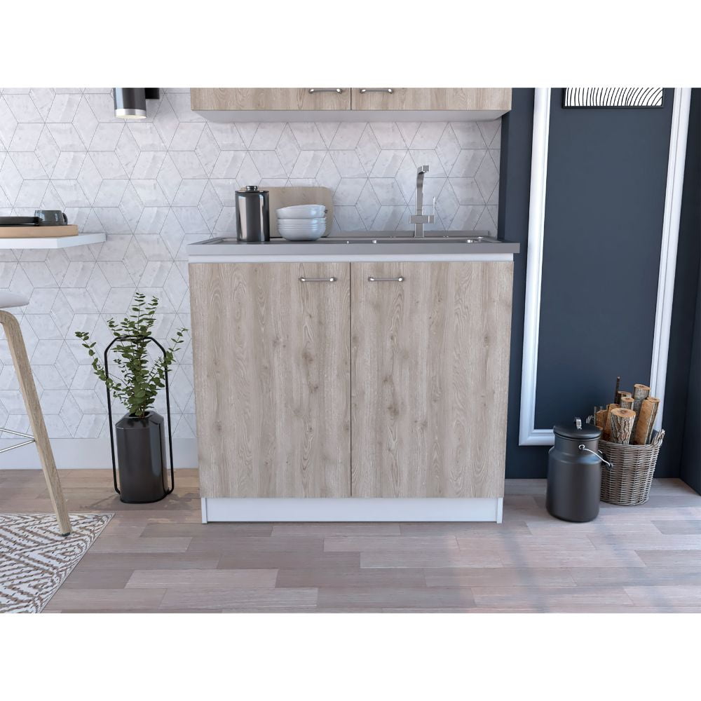 GeeHome Brookeline Rectangle 2-Door Utility Sink and Cabinet White and Light Gray