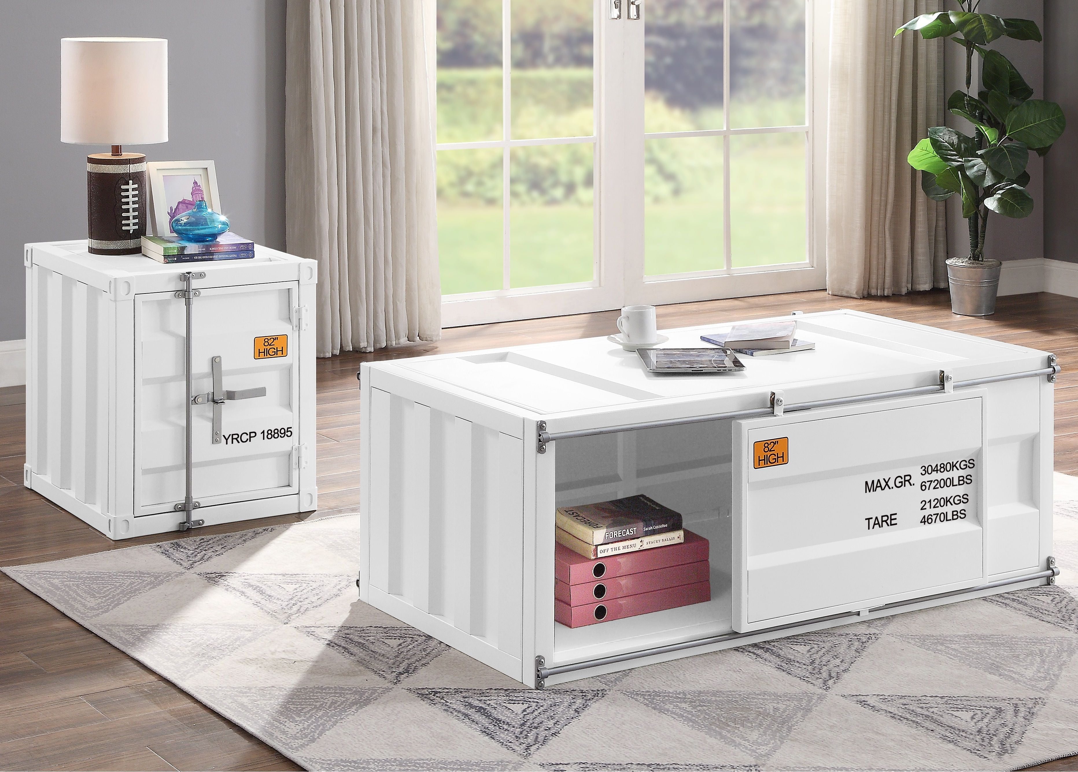 White Metal Rectangular Coffee Table with Storage