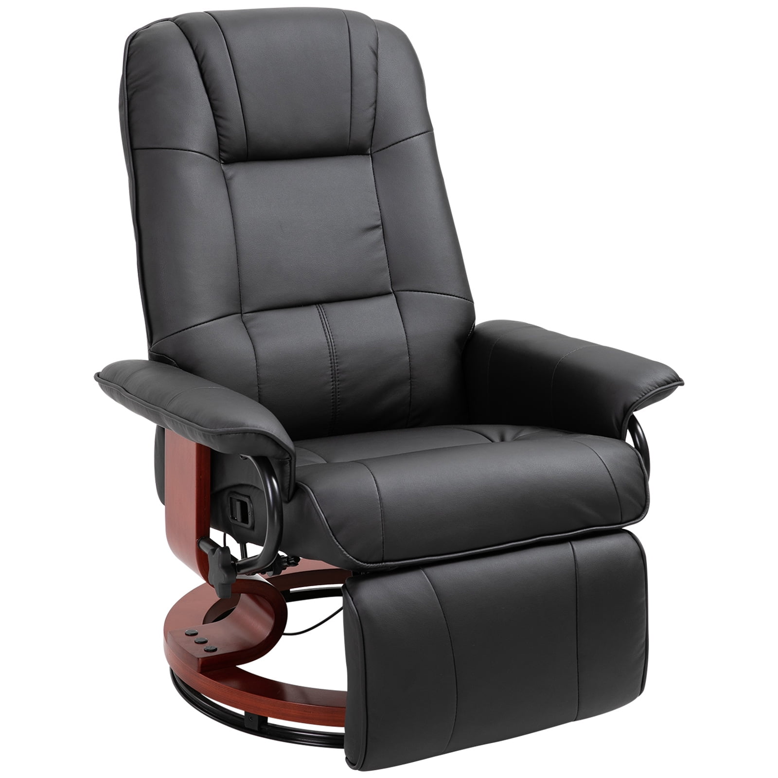 Black Faux Leather Swivel Recliner with Wood Base